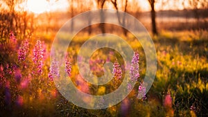Heather field, spring flowers on a green meadow with contoured sunlight, beautiful wallpaper with bokeh, springtime, AI Generated