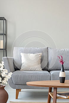 Heather in vase on the wooden table next to comfortable grey couch in monochromatic living room, real photo with copy space