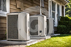 Heating and air conditioning units outside house. home improvement and climate solutions