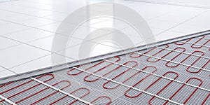 Heating concept, underfloor heating. Heat floor layers cutaway