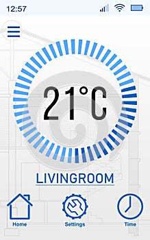 Heating control system. Application displaying temperature in house