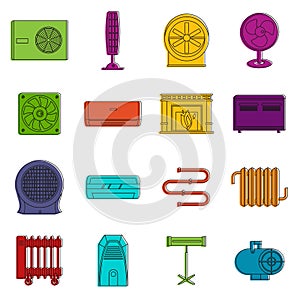 Heating cooling air icons doodle set