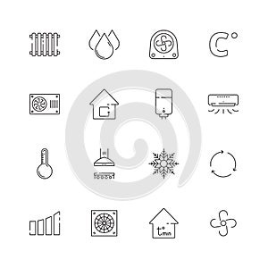 Heating cooling icons. Airing conditioning systems vector heat symbols thin line