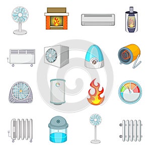 Heating cooling icons set, cartoon style