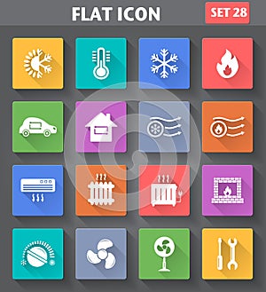 Heating and Cooling Icons set in flat style with long shadows.