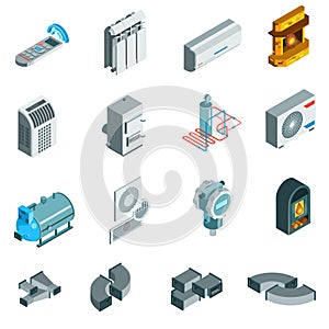Heating Cooling System Isometric Icons Set