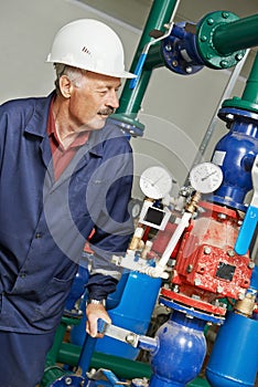 Heating engineer repairman in boiler room