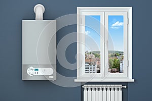 Heating house. Gas boiler, window, heating radiator.