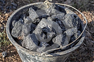 Heating of a residential country house in the village. Coal bucket. Large lumps of mineral fuel for home stoves and boilers