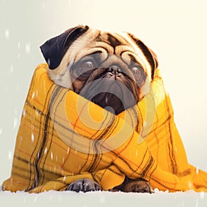 Heating season theme Pug dog snuggled under a yellow blanket