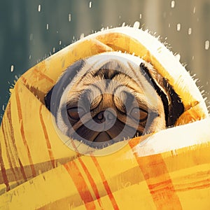 Heating season theme Pug dog snuggled under a yellow blanket