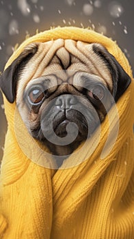 Heating season theme Pug dog snuggled under a yellow blanket