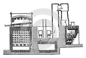 Heating Siemens, section of gasifier and oven, vintage engraving