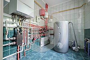 Heating system in boiler room, gas and water supply system of house, measuring pressure and controlling temperature with sensors