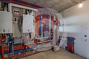 Heating system in boiler room, gas and water supply system of house, measuring pressure and controlling temperature with sensors