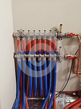 Heating system with copper pipes, valves and other equipment in a boiler room
