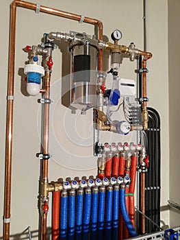 Heating system with copper pipes, valves and other equipment in a boiler room