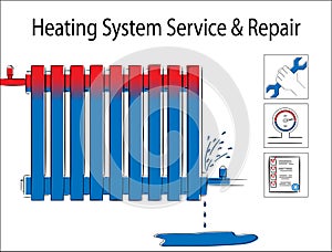 Heating system service and repair.Illustration with leaky heating radiator.