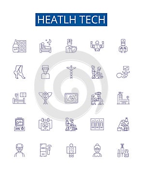 Heatlh tech line icons signs set. Design collection of healthtech, medicaltech, telemedicine, ehealth, digitalhealth