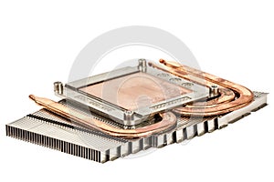 Heatpipe and radiators for cooling of processor, cooling system, isolated on white background