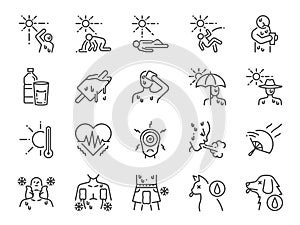 Heatstroke line icon set. Included icons as heat, stroke, faint, hot, sick, summer and more.