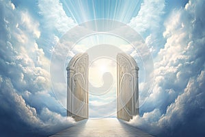 heaven with bright light, open door and clouds in the sky. Spiritual background