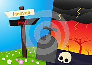 Heaven and Hell background with tombstone
