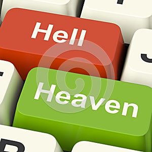 Heaven Hell Computer Keys Showing Choice Between Good And Evil O