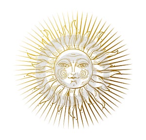 Heaven illustration, stylized vintage design, sun with face, hand drawing, engraving. Mystical design element in boho