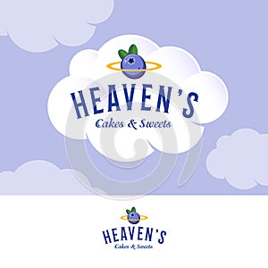 Heaven's Logo. Bakery and pastry logo on white cream cloud. Letters and golden nimbus with blueberry.