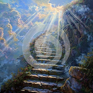 Heaven Stairs, Road to Light, Paradise Sky, Afterlife Way Drawing Imitation, Sun Rays Steps to Heaven, Copy Space