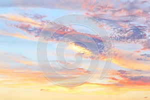 Heavenly abstract summer gentle background. Beautiful picturesque bright majestic dramatic evening morning sky at sunset or dawn