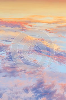Heavenly abstract summer gentle vertical background. Beautiful picturesque bright majestic dramatic evening morning sky at sunset