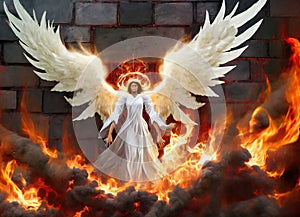 A heavenly angel with white wings wards off a winged devil or demon within a wall of flames.