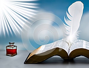 Heavenly Bible with white quill and inkwell.