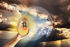 heavenly bitcoin divine hand gold digital money computer trading online internet clouds sky skies