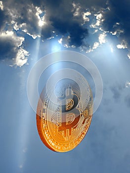 Heavenly bitcoin sun rays storm clouds