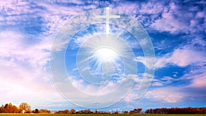 Heavenly Cross . Religion symbol shape . Dramatic nature background