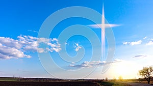 Heavenly Cross . Religion symbol shape .  Dramatic nature background