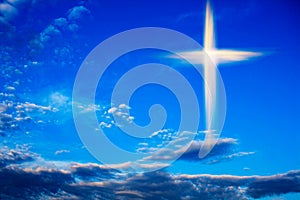 Heavenly Cross . Religion symbol shape .  Dramatic nature background