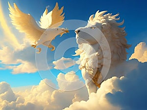 Heavenly Encounters: A Fusion of Clouds, Sky, Sun, and Griffin Majesty