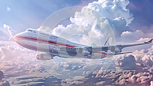 Heavenly journey: Animation of a passenger plane flying gracefully above the clouds.