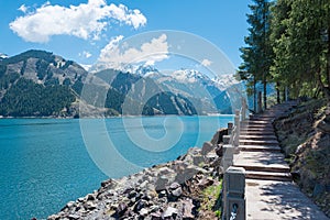 Heavenly Lake of Tianshan (Tianchi) in Fukang, Changji, Xinjiang, China. It is part of UNESCO World Heritage Site