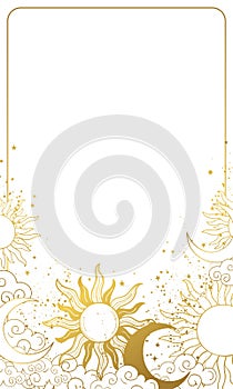 Heavenly modern card with golden sun and moon, vintage background for astrology and horoscope, natal chart with stars in