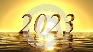 Heavenly sunrise on golden sea with 2023 year date on it. 3d illustration