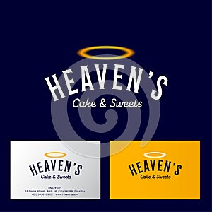 Heavenâ€™s cake and sweets logo. Bakery and pastry emblem. Letters and golden nimbus.