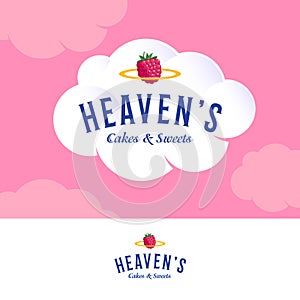 Heavenâ€™s cloud Logo. Bakery and pastry logo on white cream cloud. Letters and golden nimbus with strawberry.