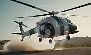 A heavily armed gunship helicopter hovering over a dramatic battlefield