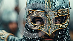 A heavily armored Varangian guard his helmet featuring intricate carvings and his eyes focused on protecting his emperor