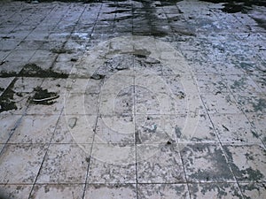The heavily soiled tiled floor .